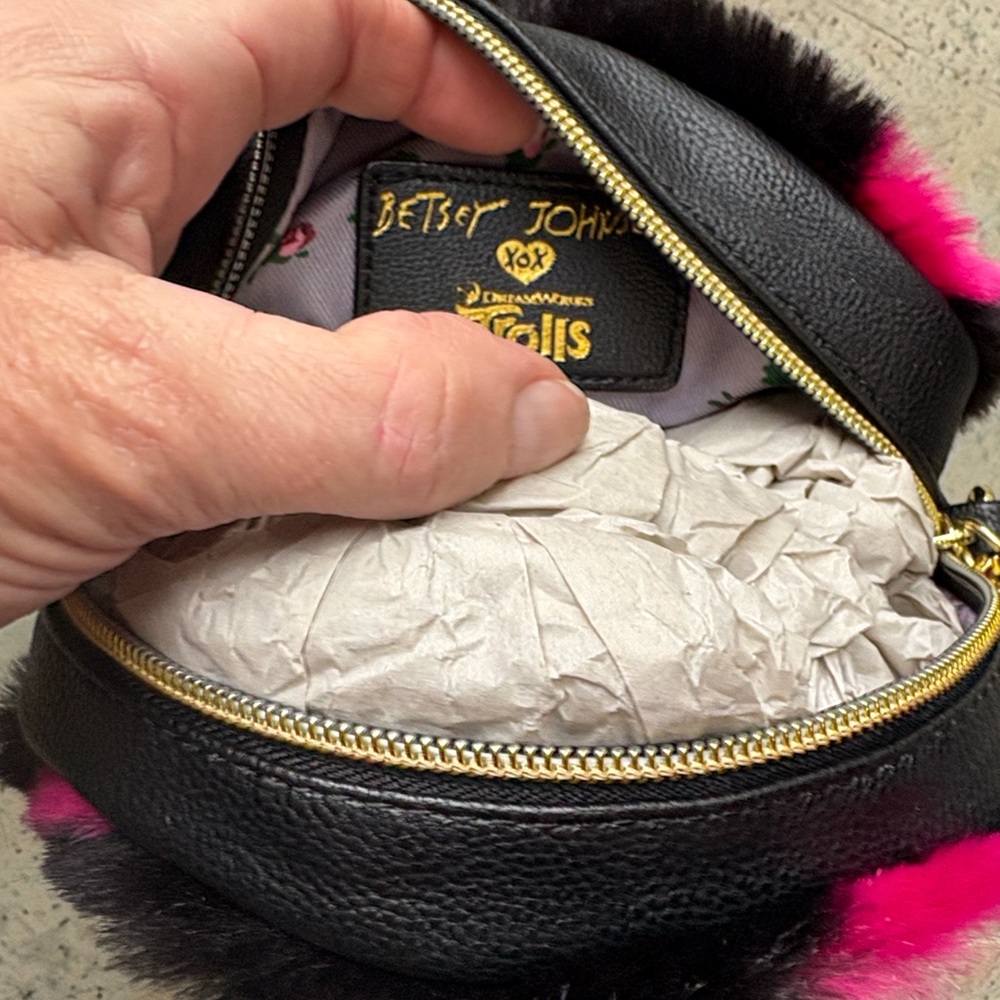 Betsey Johnson Trolls movie collection Black and Pink Furry Crossbody Bag - Picture 5 of 5